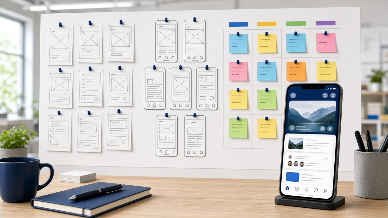 Product development wall with sketches, UI frames, a sprint board, and a launched app on a phone