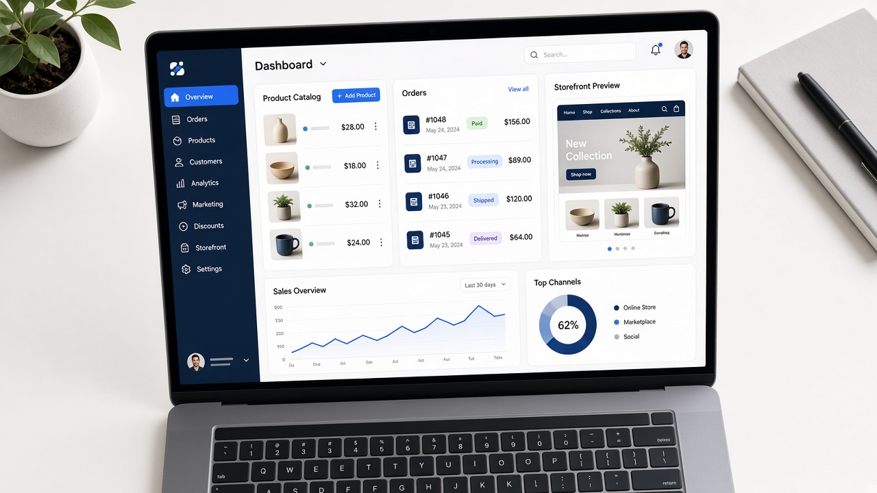 Shopify storefront and product catalog setup on a laptop