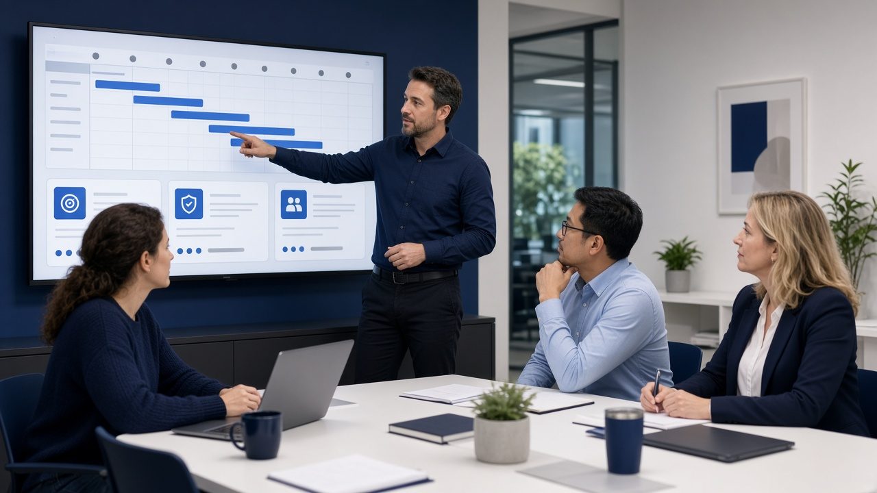 Project manager coordinating software delivery with internal and external teams