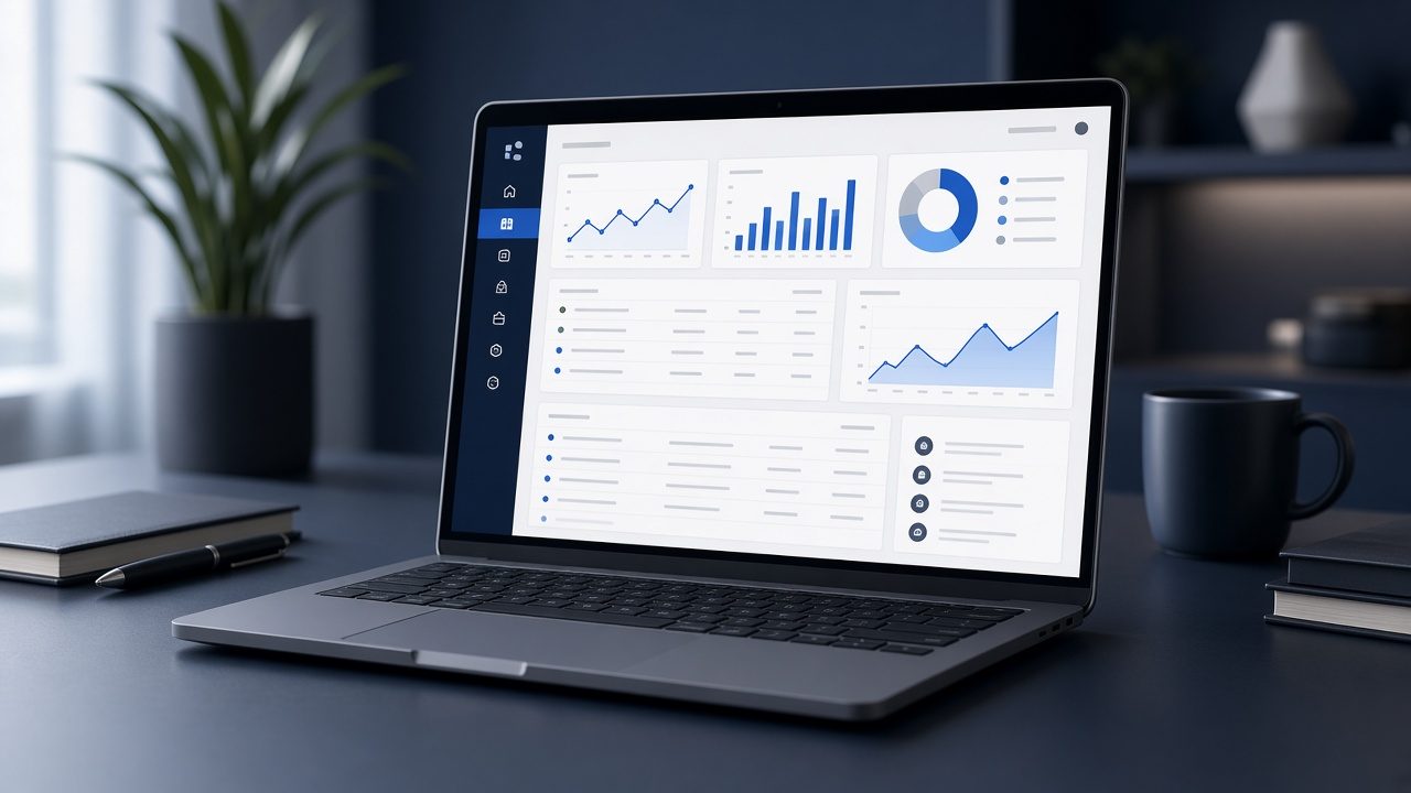 Custom business web application dashboard displayed on a laptop