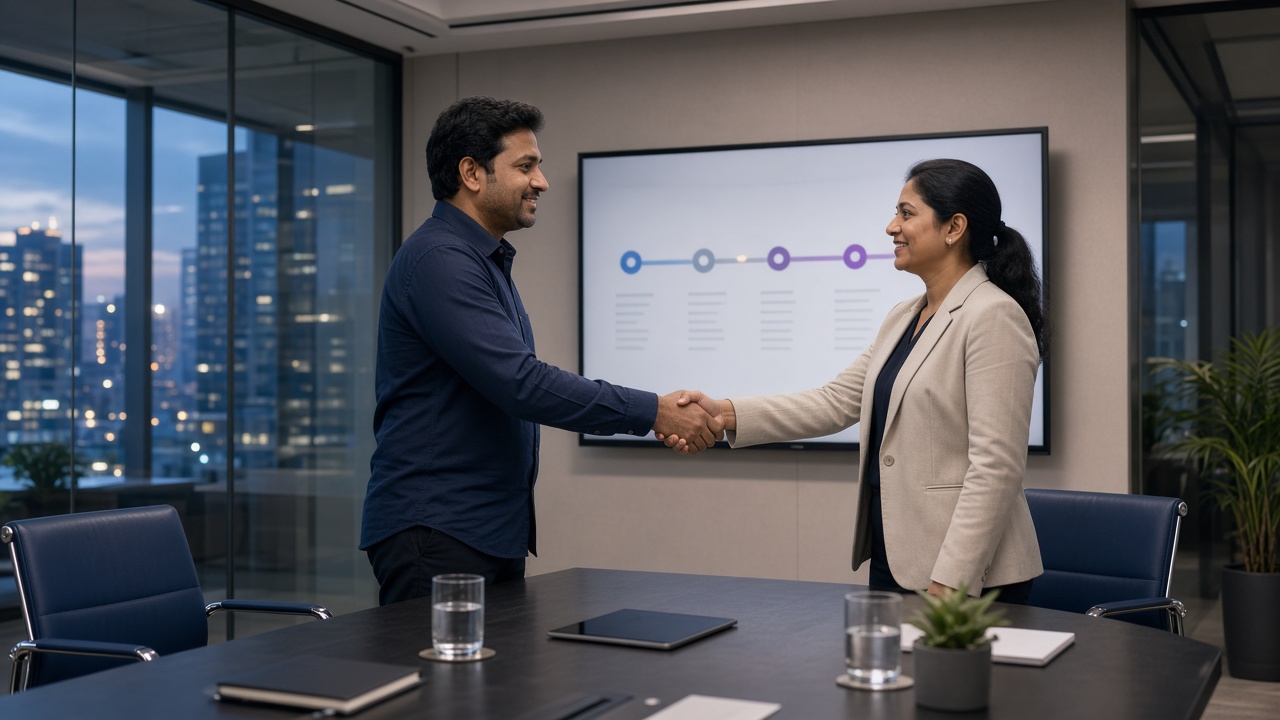 Client and product team reviewing a roadmap in a modern Chennai meeting room
