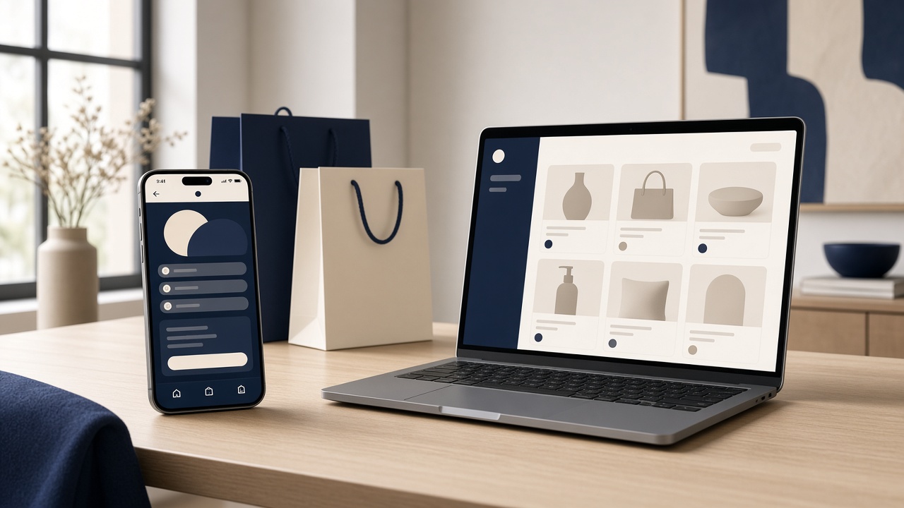Smartphone checkout and desktop product catalog in a modern ecommerce studio