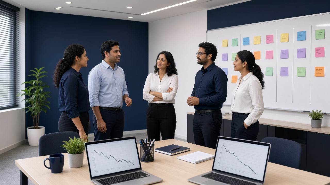 Agile team standup around a kanban board in a modern delivery room