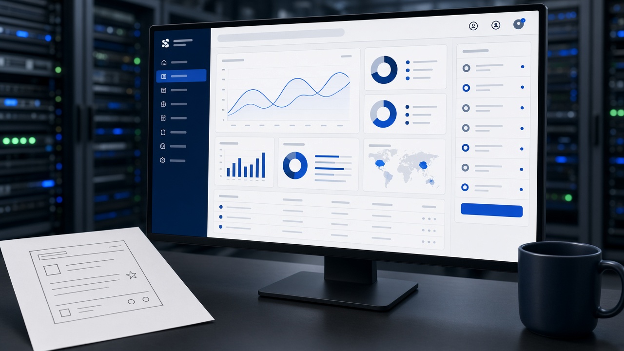 SaaS dashboard on a monitor showing a product moving from a simple MVP to a cloud platform
