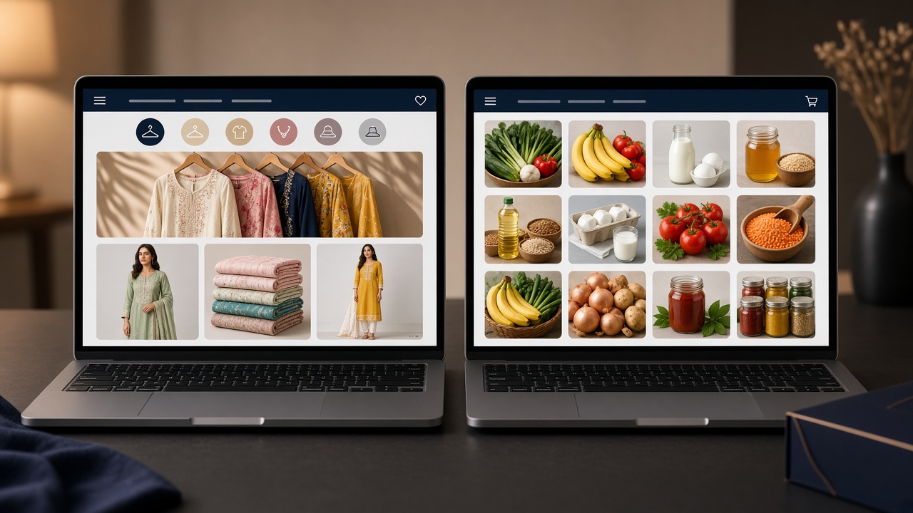 Two laptops showing side-by-side ecommerce storefronts for an Indian retail comparison