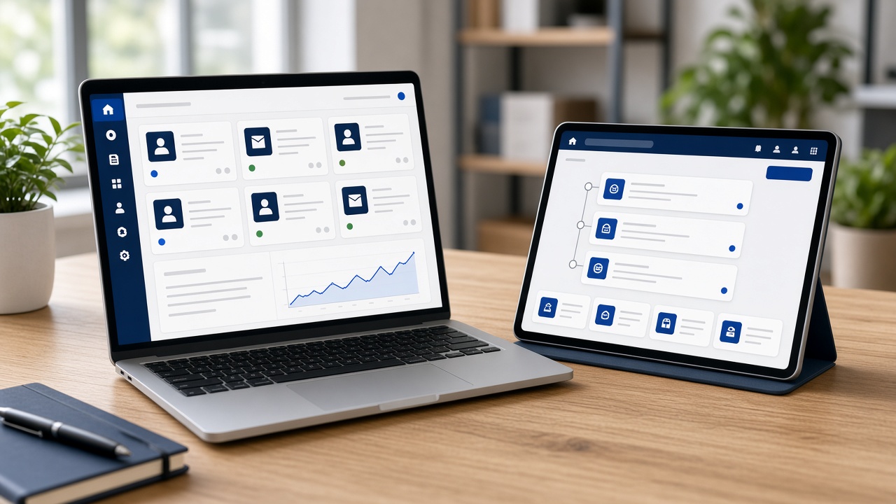 Laptop and tablet showing a business web application portal and workflow screens