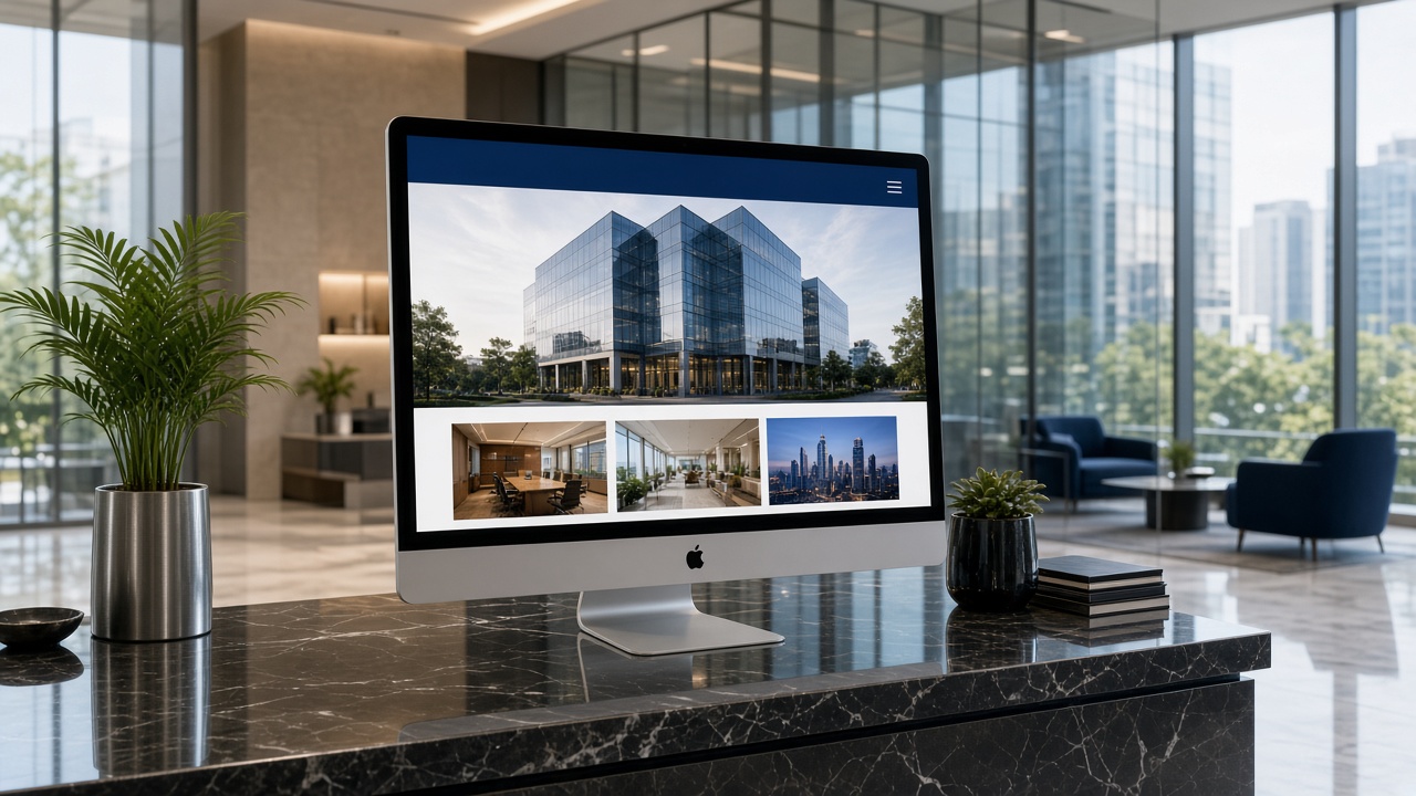 A polished business website on a desktop in a bright professional office