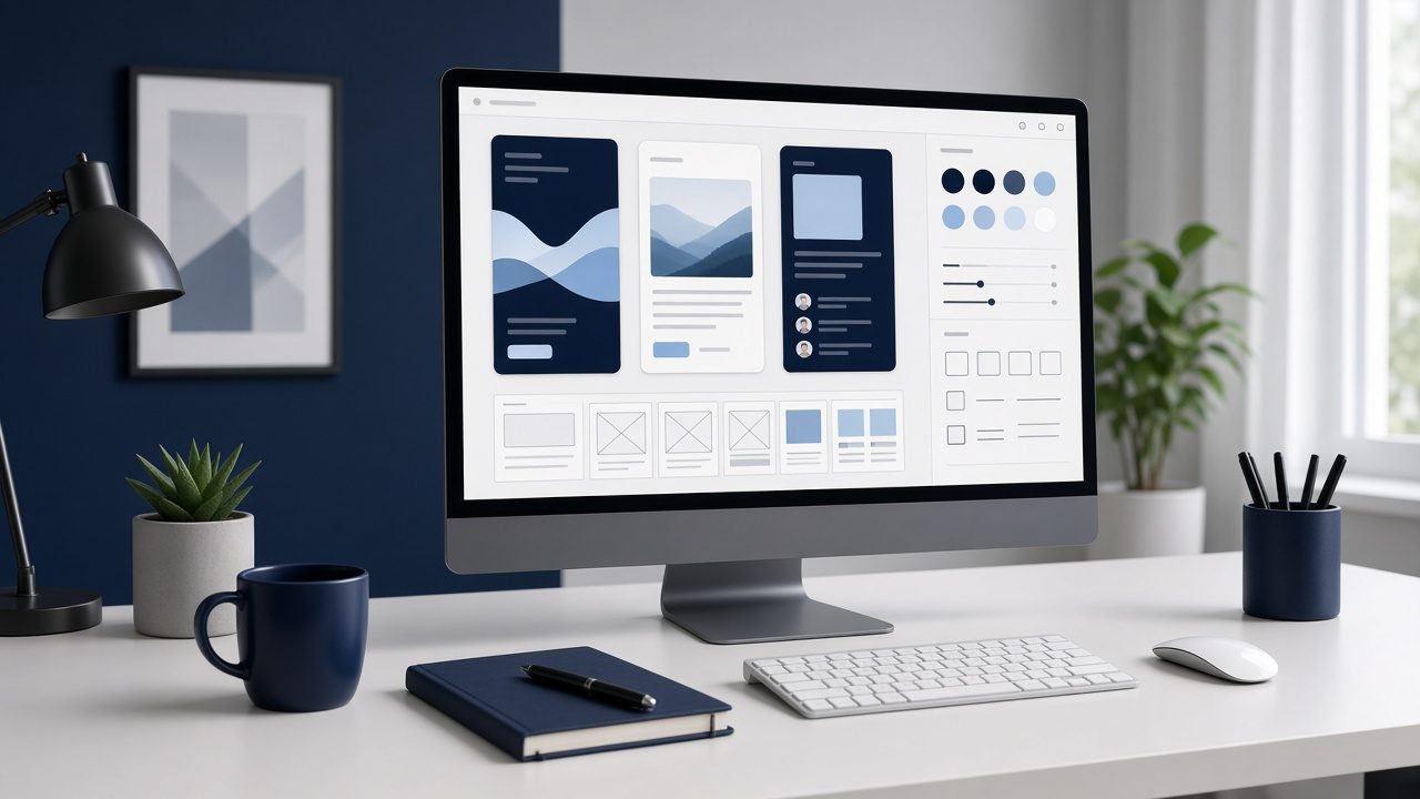 UI/UX designer reviewing a digital product interface and brand style guide